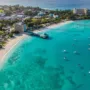 Aerial view of tropical coastline with boats