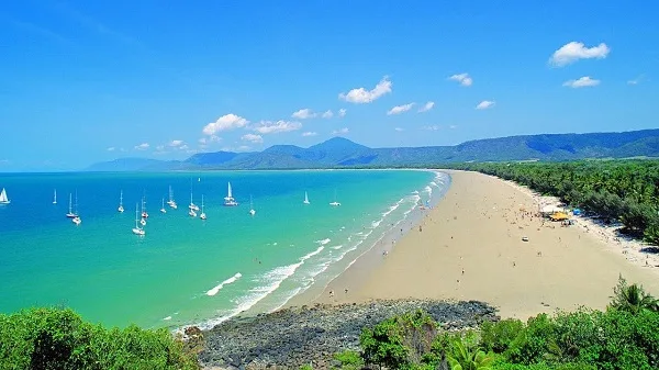 Sailboats near tropical beach with clear blue sky